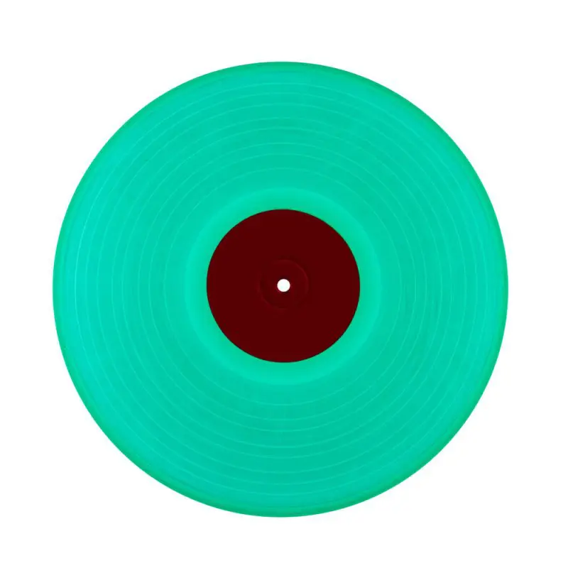 A turquoise vinyl record with a black center